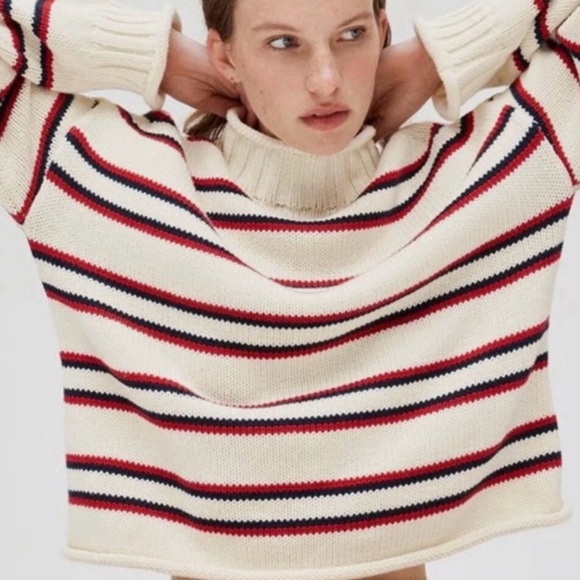 J. Crew Cream Sweater with Black and Red Stripes - Picture 2 of 4